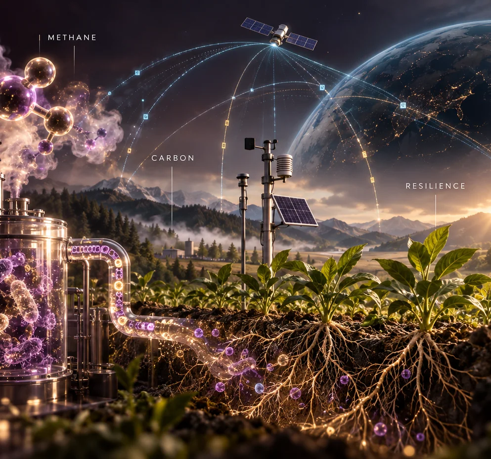 A contained biological-process concept with plant roots, environmental sensors and methane imagery.