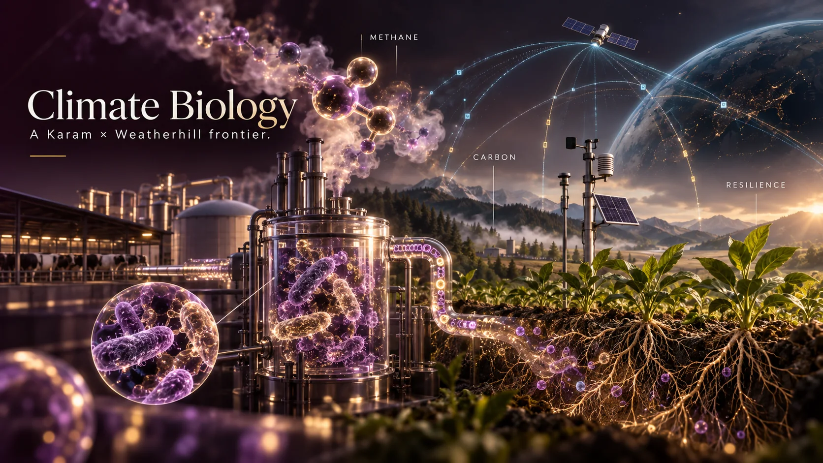 A contained biological-process concept with plant roots, environmental sensors and methane imagery.