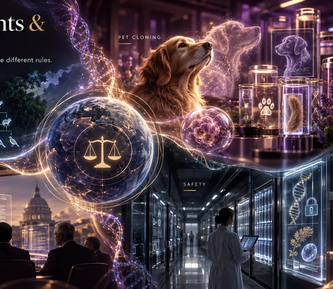 Separate concept scenes for population biology, pet preservation, biological records and governance.