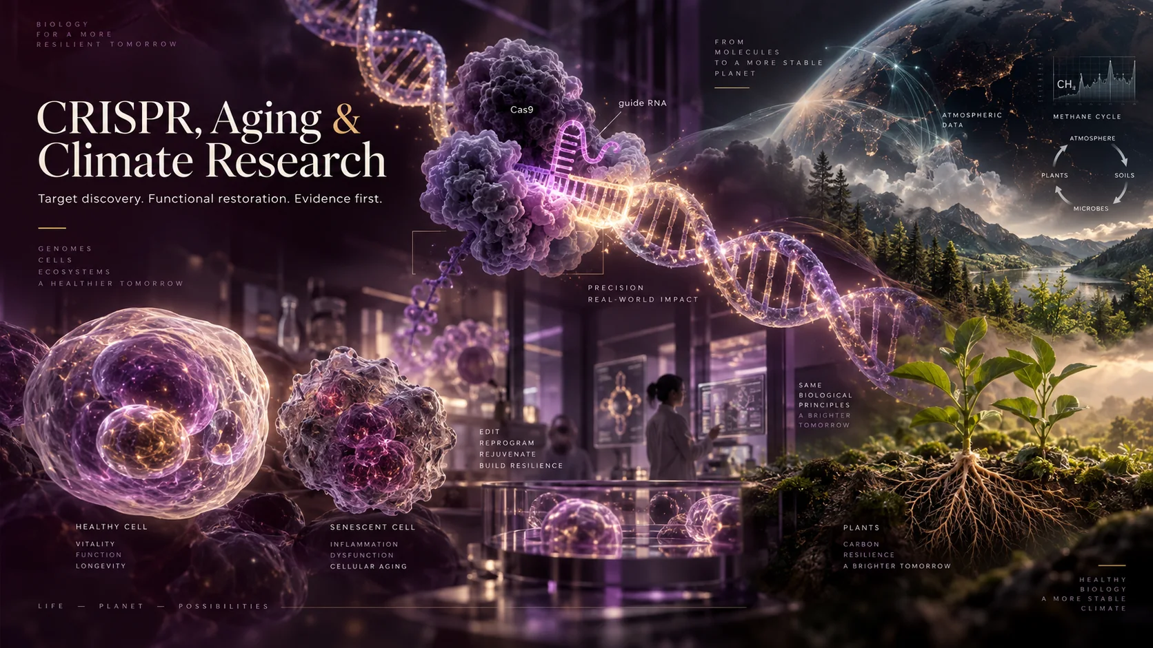 A cinematic molecular-and-climate scene with a CRISPR complex, cells and a planet.
