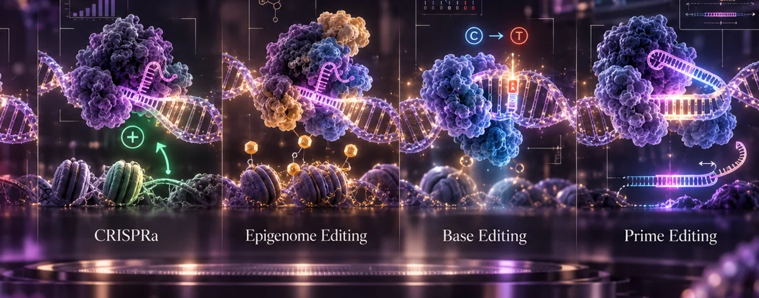 Concept illustrations comparing gene regulation, epigenome, base and prime editing.