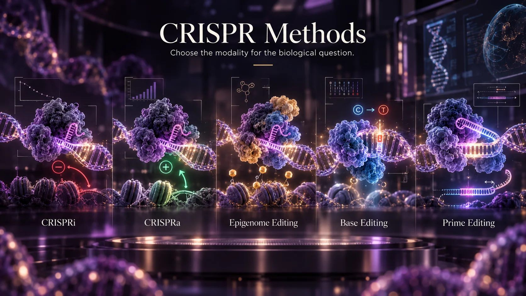 Concept illustrations comparing gene regulation, epigenome, base and prime editing.