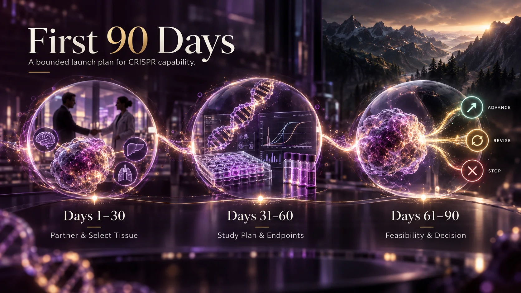 A staged 90-day planning illustration moving from partner qualification to an evidence decision.