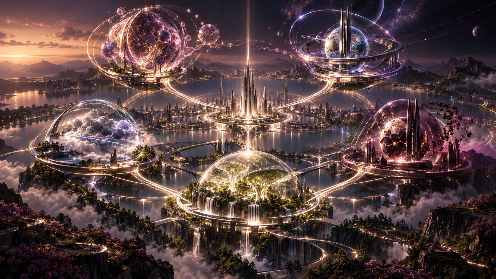 Speculative artwork of connected scientific habitats around a future city; a visual metaphor for the four-venture portfolio.